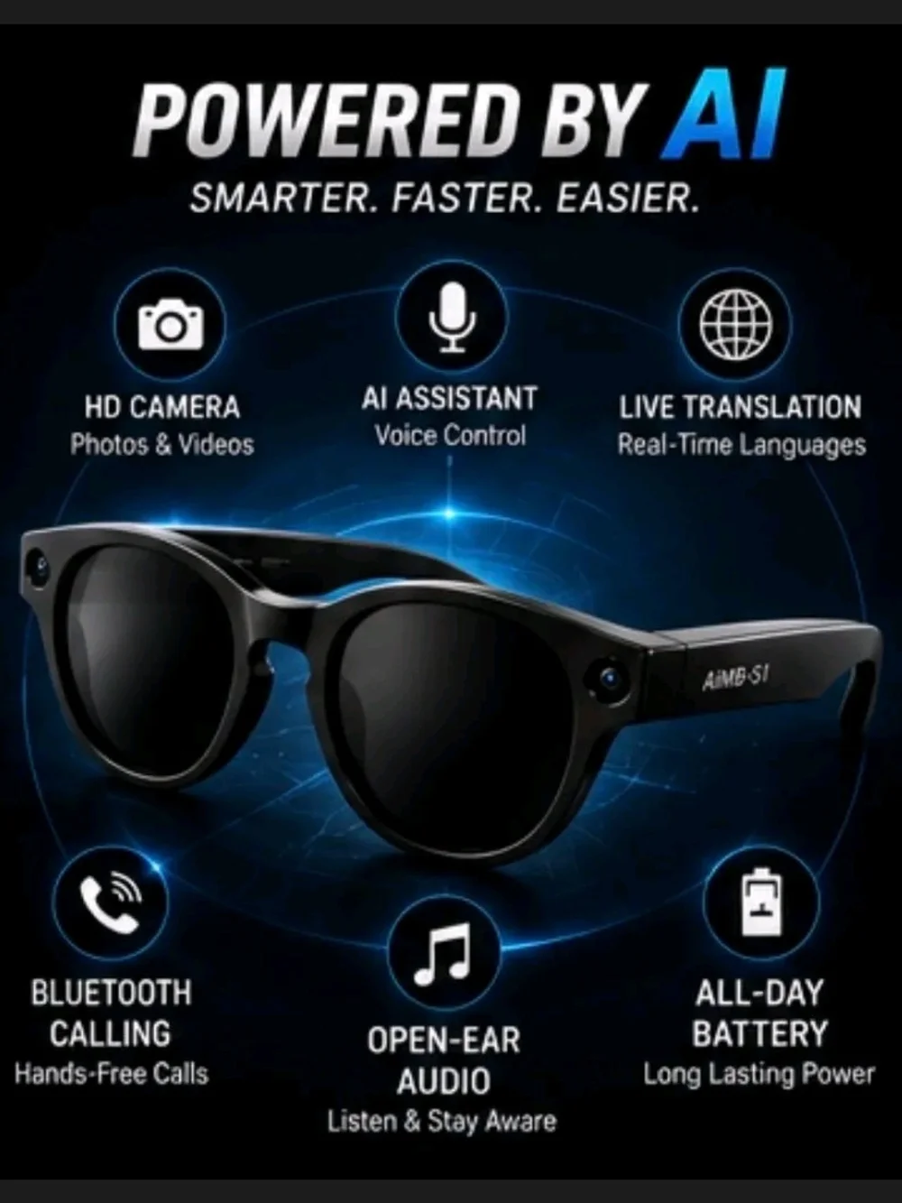 AI Glasses Smart Sunglasses -with CAMERA Black.FACTORY SEALED AI Asst